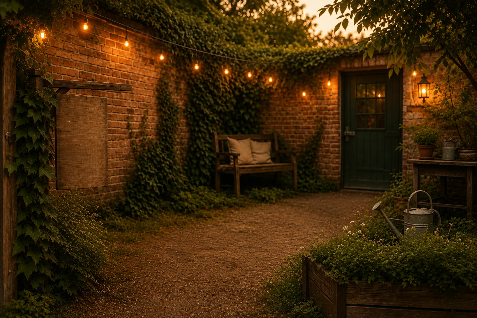 Cour chaleureuse avec lierre, briques et guirlandes lumineuses